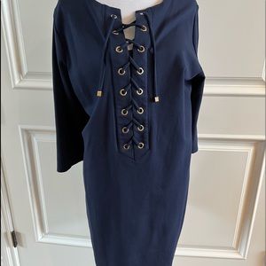 Chicos navy dress 3/4 sleeve with gold accents